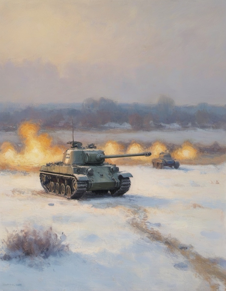 impressionist painting of a sherman **** on a flat winter field with distant explosions old world war scene on Tensor.Art