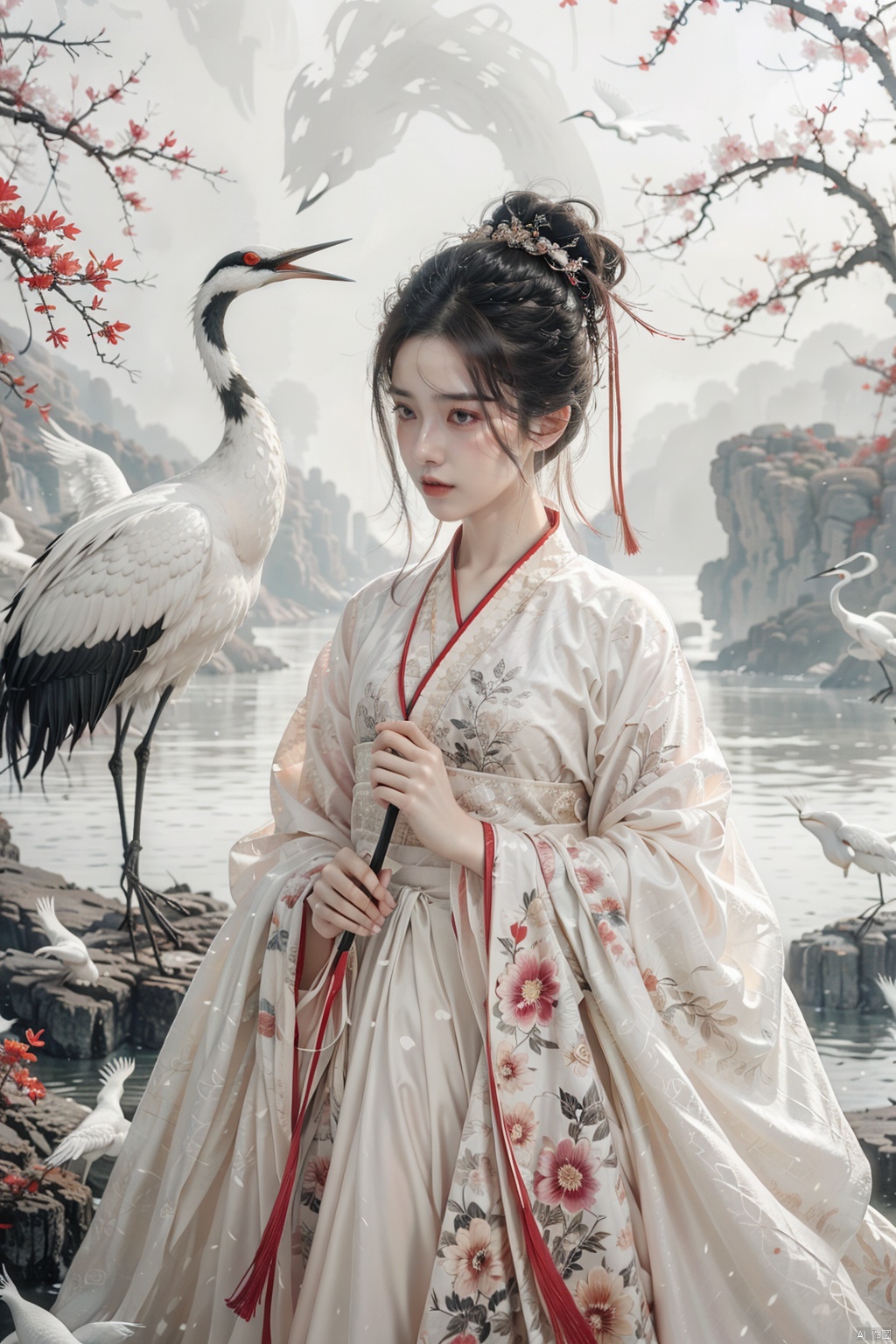  a girl,xianjing,hanfu,crane,upper body