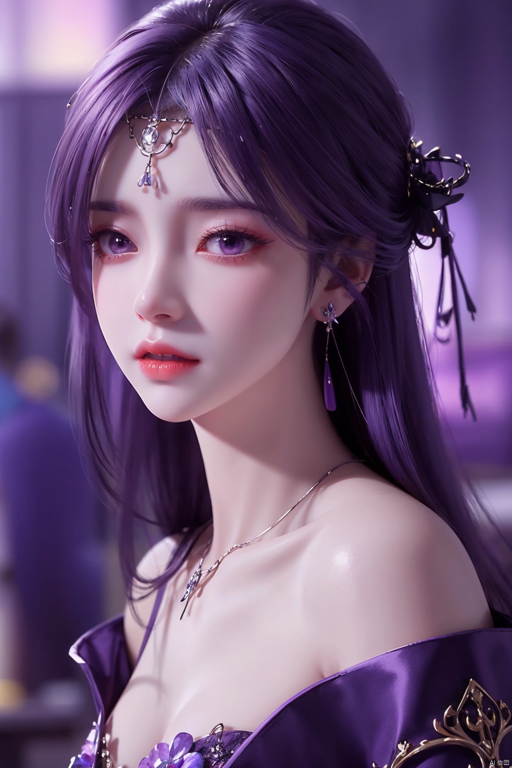  1girl
￼
solo
￼
long hair
￼
jewelry
￼
closed mouth
￼
purple eyes
￼
purple hair
￼
earrings
￼
blurry
￼
lips
￼
blurry background
￼
expressionless
￼
portrait
￼
TMS-yx
￼
orthofacial