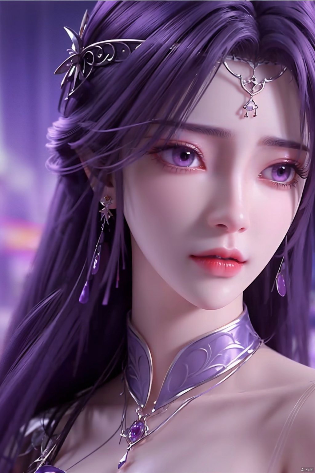  1girl
￼
solo
￼
long hair
￼
jewelry
￼
closed mouth
￼
purple eyes
￼
purple hair
￼
earrings
￼
blurry
￼
lips
￼
blurry background
￼
expressionless
￼
portrait
￼
TMS-yx
￼
