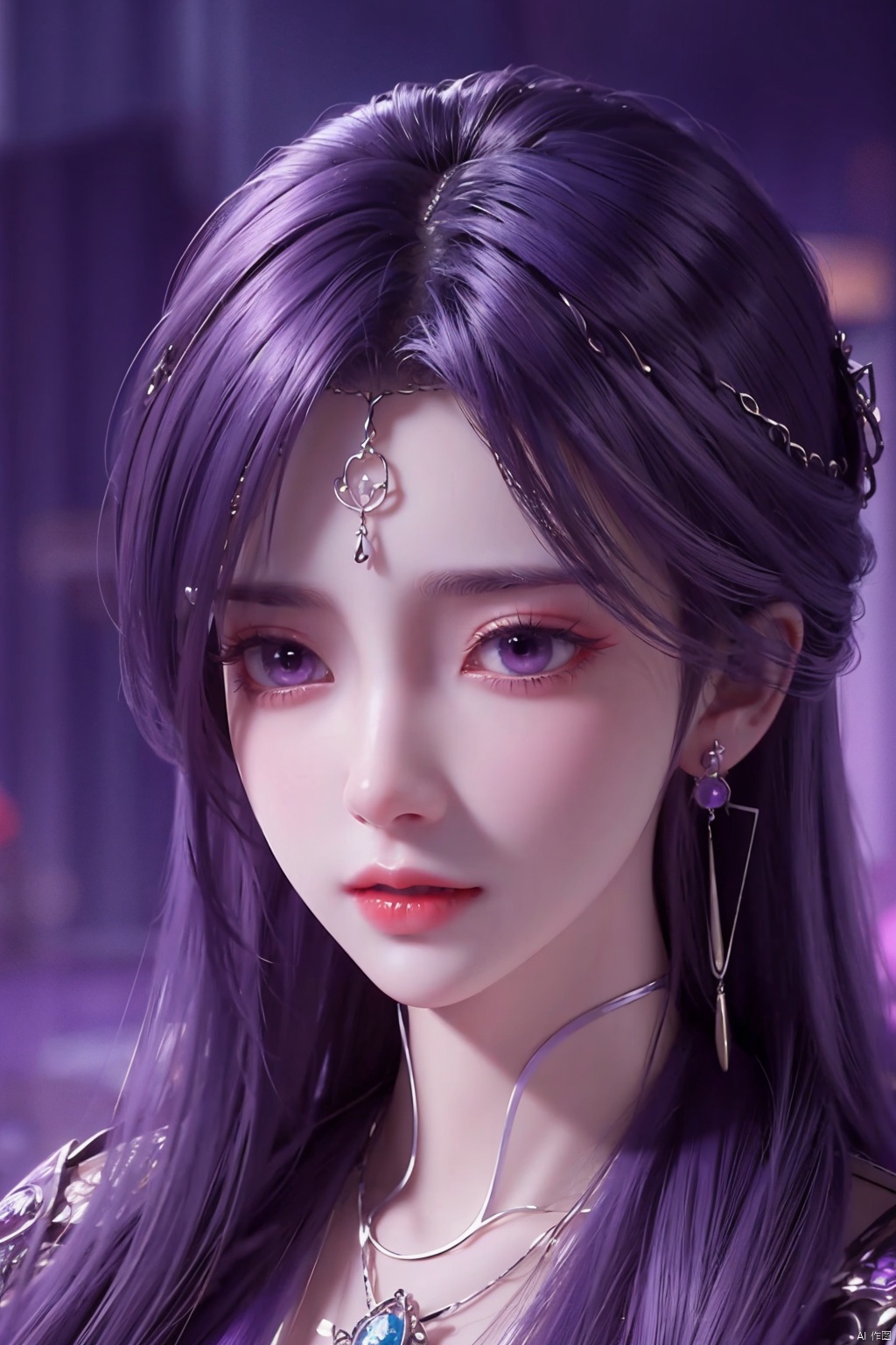  1girl
￼
solo
￼
long hair
￼
jewelry
￼
closed mouth
￼
purple eyes
￼
purple hair
￼
earrings
￼
blurry
￼
lips
￼
blurry background
￼
expressionless
￼
portrait
￼
TMS-yx
￼
