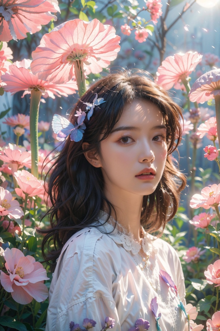  (8k, RAW photo, best quality, masterpiece: 1.2), portrait close-up, 1 girl, black hair, (brown eyes), (facial light), glowing text, glowing particles, (extremely exquisite and beautiful), purple and blue clothes, butterfly on face, (super large moon), huge flowers, many flowers, looking at the audience, glowing butterfly, (mushroom forest: 1.2), dreamy light, (realistic, photo fidelity: 1.3), Ultra fine, CG, 8k wallpaper, 1girl,moyou