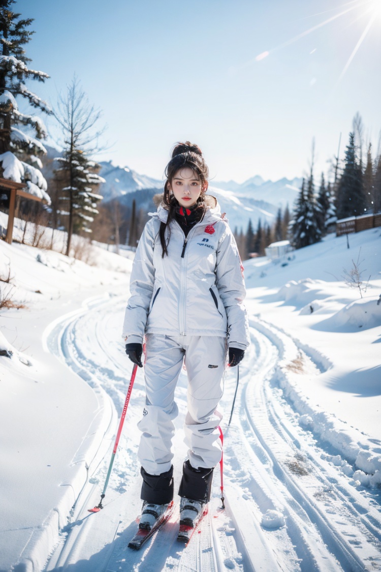 1girls, wearing a white ski suit, delicate face, natural expression, holding ski poles in one hand, exhaling in her mouth with the other, she looks cold, snow mountain scene, the upper half of the picture is the sky, the girl looks at the lens, full body photo, photo real, Kodak photography, film quality, 8K, solo, focus, depth of field, masterpiece, highest quality<lora:EMS-269331-EMS:0.300000>, <lora:EMS-260325-EMS:0.600000>