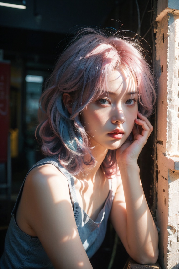 depressed, portrait of 1girl by Bill Henson, depressed, ruins, shadows, dramatic lighting, sunset, contemporary, dark, expressionism, dystopia, industrial,Half bodysliver gradient Short hair,(sliver hair:1.1),(light blue hair:1.1),(pink hair:1.2), 1girl<lora:EMS-260325-EMS:0.300000>, <lora:EMS-269331-EMS:0.500000>