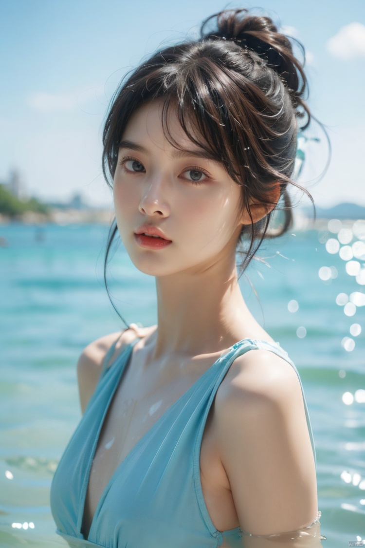 best quality, masterpiece,little girl,12 years old,beautiful detailed eyes,aqua eyes,solo,bunches,bangs,cute face,swimsuit,Playing in the water by the beach,realistic,8k<lora:EMS-269331-EMS:0.600000>, <lora:EMS-260325-EMS:0.200000>
