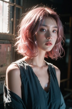 depressed, portrait of 1girl by Bill Henson, depressed, ruins, shadows, dramatic lighting, sunset, contemporary, dark, expressionism, dystopia, industrial,Half bodysliver gradient Short hair,(sliver hair:1.1),(light blue hair:1.1),(pink hair:1.2), 1girl<lora:EMS-260325-EMS:0.300000>, <lora:EMS-269331-EMS:0.500000>