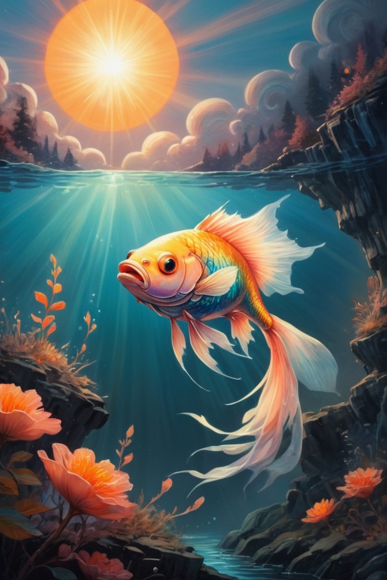autumn, ink painting, acrylic, cute koifish, sunrise, 2d, flat, cute, adorable, vintage, art, fairytale, storybook detailed illustration, cinematic, ultra highly detailed, tiny details, beautiful details, mystical, luminism, vibrant colors, complex background, stunning, energy, molecular, textures, iridescent and luminescent scales, breathtaking beauty, pure perfection, divine presence, unforgettable, impressive, breathtaking beauty, volumetric light, auras, rays, vivid colors reflects, magnificent, celestial, ethereal, epic, magical, dreamy, chiaroscuro, atmospheric lighting, 