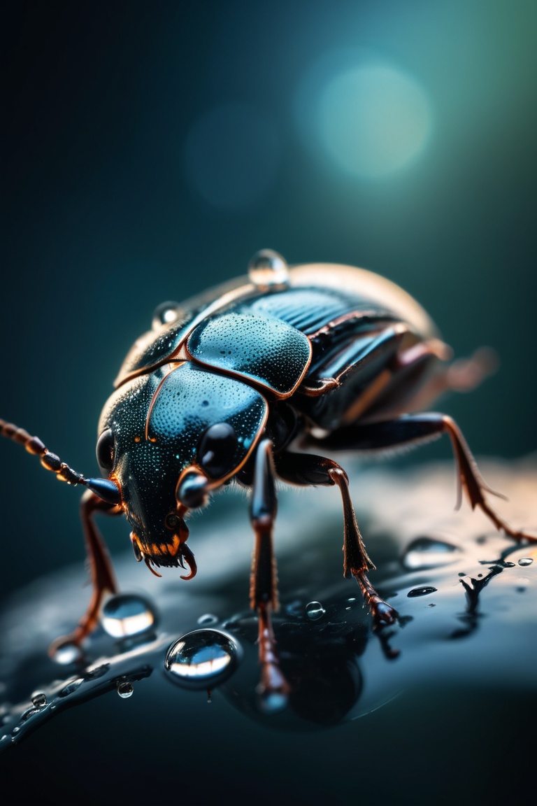 hyperrealistic macro shot of beetle on waterdrop, 100m f/2.8 macro lens, magnificent, celestial, ethereal, epic, magical, dreamy, chiaroscuro, atmospheric lighting,  macro, extreme details,