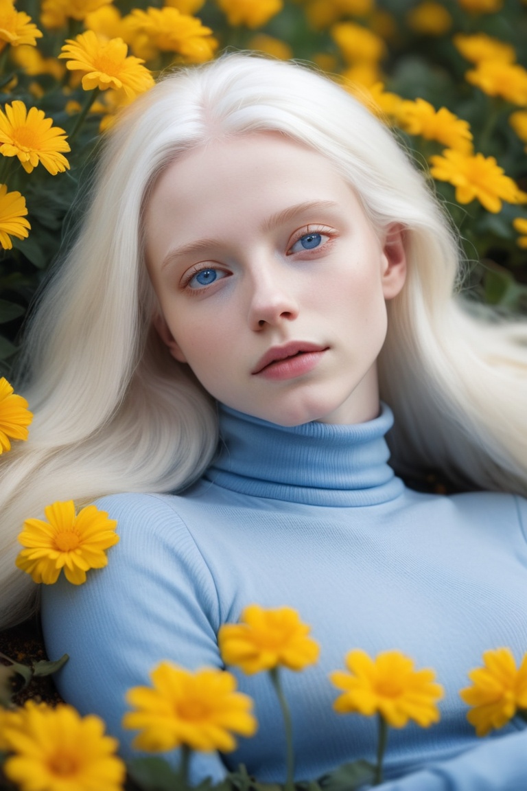 award winning photo macro shot of a beautiful albino young woman lying in a majestic yellow flowerbed, white hair, dynamic lighting, cinematic still, pale skin, screencap, skin texture, contemplative, smirk, piercing blue eyes, extremely long hair, sleek hair, portrait, dynamic pose, (blue turtleneck), 100mm f/2.8 macro lens,