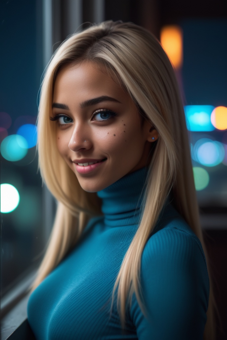 (macro) glamour shot of a beautiful latin young woman wearing a turtleneck bending forward to the viewer in front of a (window:1.3) overlooking (cyberpunk city) at night, bokeh, neon, cyberpunk, dark, low light, low key, blonde hair, dynamic lighting, cinematic still, freckles, dark skin, movie screencap, smile, smirk, piercing blue eyes, extremely long hair, sleek hair, portrait, dynamic pose,, 100mm f/2.8 macro lens, dynamic pose, pov, portrait, close-up