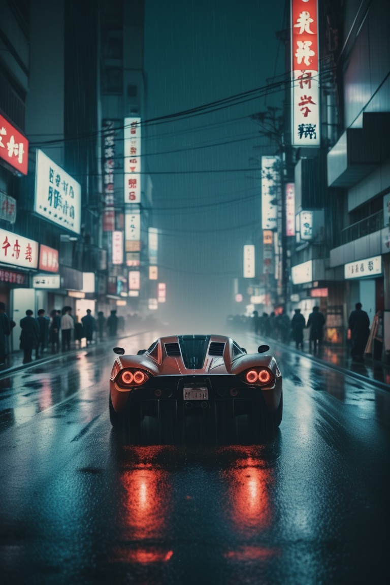 award winning shot from below hypercars racing at night in heavy rain in tokyo in the dark of night making an amospheric heavy scene in the dark, dark scene, dark, film grain, candid camera, color graded cinematic, 1960s vintage RAW photo, 
