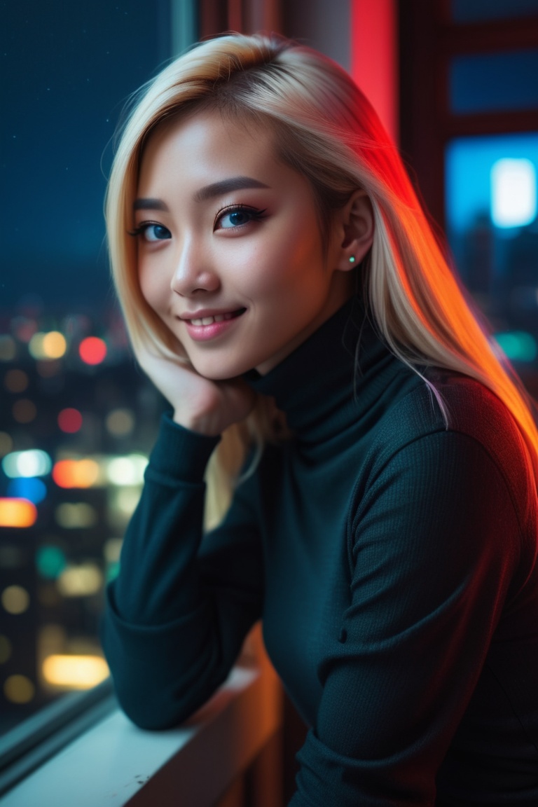 (macro) glamour shot of a beautiful asian young woman wearing a turtleneck bending forward to the viewer in front of a (window:1.3) overlooking (cyberpunk city) at night, bokeh, neon, cyberpunk, dark, low light, low key, multicolored hair, hair highlights, red and blonde hair, dynamic lighting, cinematic still, freckles, dark skin, movie screencap, smile, smirk, piercing blue eyes, extremely long hair, sleek hair, portrait, dynamic pose,, 100mm f/2.8 macro lens, dynamic pose, pov, portrait, close-up