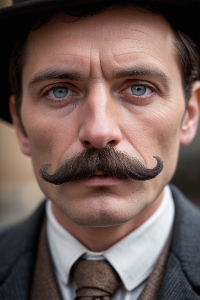 macro portrait of victorian detective, 100mm f/2.8 macro lens, skin pores, imperfections, pores, moustache, macro, extreme details, looking at viewer,