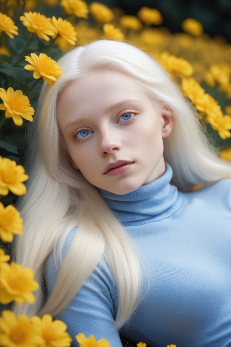 award winning photo macro shot of a beautiful albino young woman lying in a majestic yellow flowerbed, white hair, dynamic lighting, cinematic still, pale skin, screencap, skin texture, contemplative, smirk, piercing blue eyes, extremely long hair, sleek hair, portrait, dynamic pose, (blue turtleneck), 100mm f/2.8 macro lens,