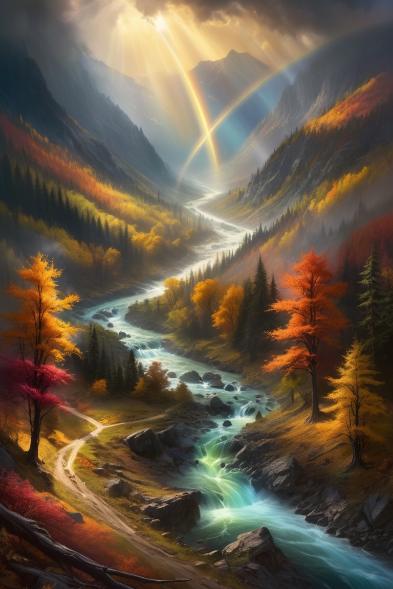 painting of a river runs through a beautiful and colorful fairy tale valley, thick autumn forest, storm, tornado, haze, magic, sun beams, volumetric lighting, beautiful, rich deep colors, painted, intricate, sharp focus, ultra detailed, astrophotography, magnificent, celestial, ethereal, epic, magical, dreamy, chiaroscuro, atmospheric lighting, 