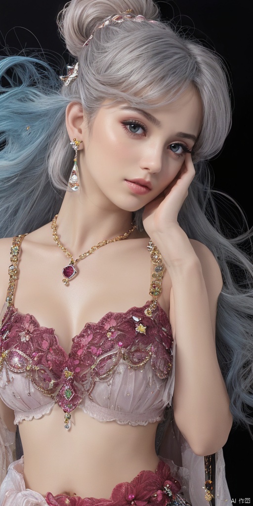  1girl,Xunpu Girl,Pink and white themes,large breasts,jewelry, earrings,lips, makeup, portrait, eyeshadow, realistic, nose,{{best quality}}, {{masterpiece}}, {{ultra-detailed}}, {illustration}, {detailed light}, {an extremely delicate and beautiful}, a girl, {beautiful detailed eyes}, stars in the eyes, messy floating hair, colored inner hair, Starry sky adorns hair, depth of field, large breasts,cleavage,blurry, no humans, traditional media, gem, crystal, still life, Dance,movements, All the Colours of the Rainbow,zj,
simple background, shiny, blurry, no humans, depth of field, black background, gem, crystal, realistic, red gemstone, still life,
