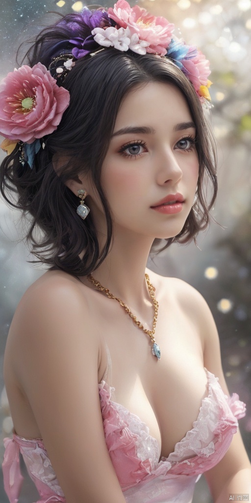  1girl,Naxi girls,Pink and white themes,large breasts,jewelry, earrings,lips, makeup, portrait, eyeshadow, realistic, nose,{{best quality}}, {{masterpiece}}, {{ultra-detailed}}, {illustration}, {detailed light}, {an extremely delicate and beautiful}, a girl, {beautiful detailed eyes}, stars in the eyes, messy floating hair, colored inner hair, Starry sky adorns hair, depth of field, large breasts,cleavage,blurry, no humans, traditional media, gem, crystal, still life, Dance,movements, All the Colours of the Rainbow,zj,
simple background, shiny, blurry, no humans, depth of field, black background, gem, crystal, realistic, red gemstone, still life,
