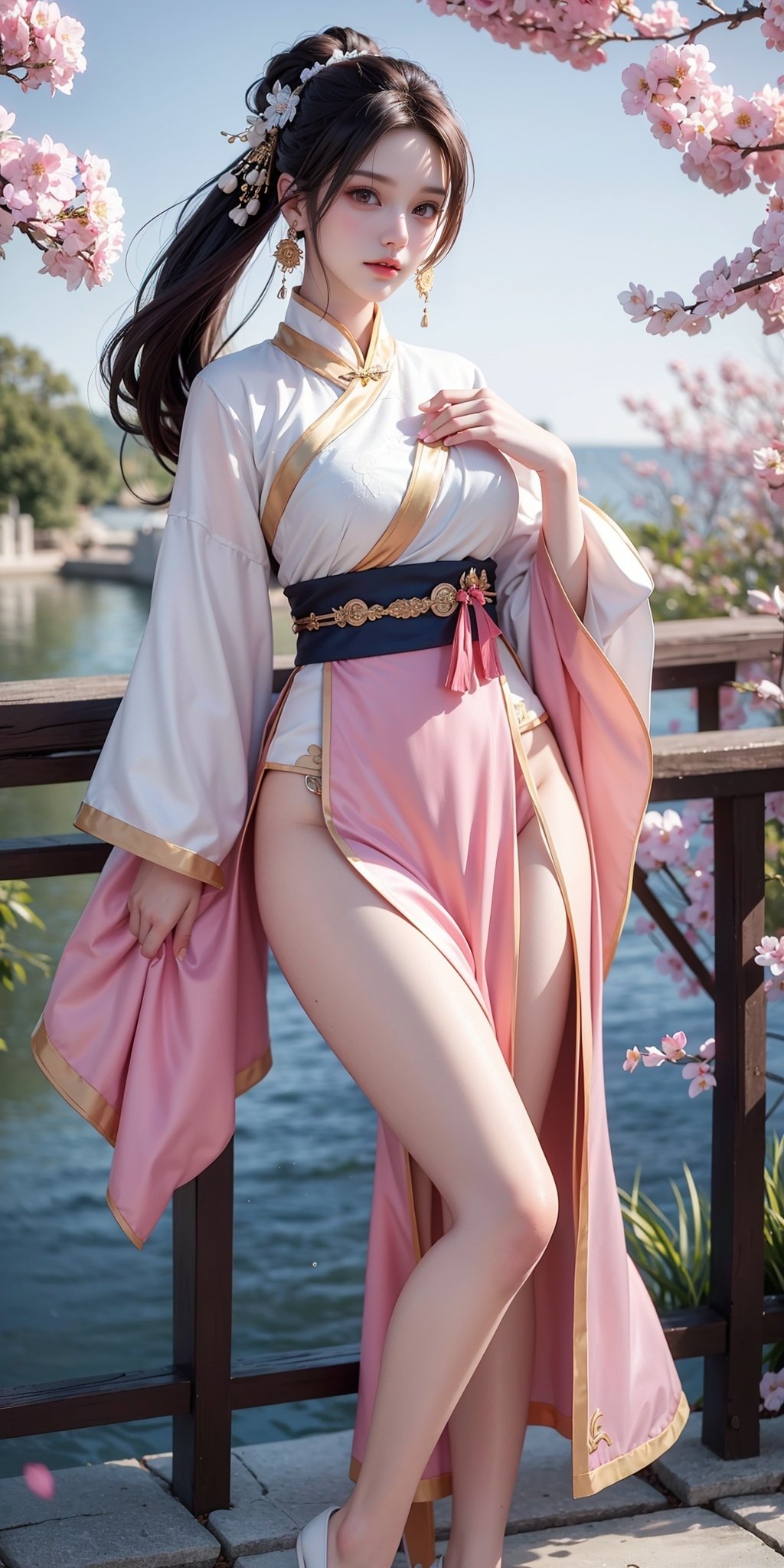 1girl,solo,hair ornament,chinese clothes,hanfu,black hair,wide sleeves,jewelry,tree,long sleeves,dress,cherry blossoms,flower,sash,pink dress,long hair,earrings,branch,hair bun,, (raw photo:1.2),((photorealistic:1.4))best quality,masterpiece,illustration,an extremely delicate and beautiful,extremely detailed,CG,unity,8k wallpaper,Amazing,finely detail,masterpiece,best quality,official art,extremely detailed CG unity 8k wallpaper,absurdres,incredibly absurdres,huge filesize,ultra-detailed,highres,extremely detailed,beautiful detailed girl,cinematic lighting,1girl,pale skin,tall female,(perfect body shape),skinny body,Slender legs,, pale skin,tall man,long legs,thin leg,