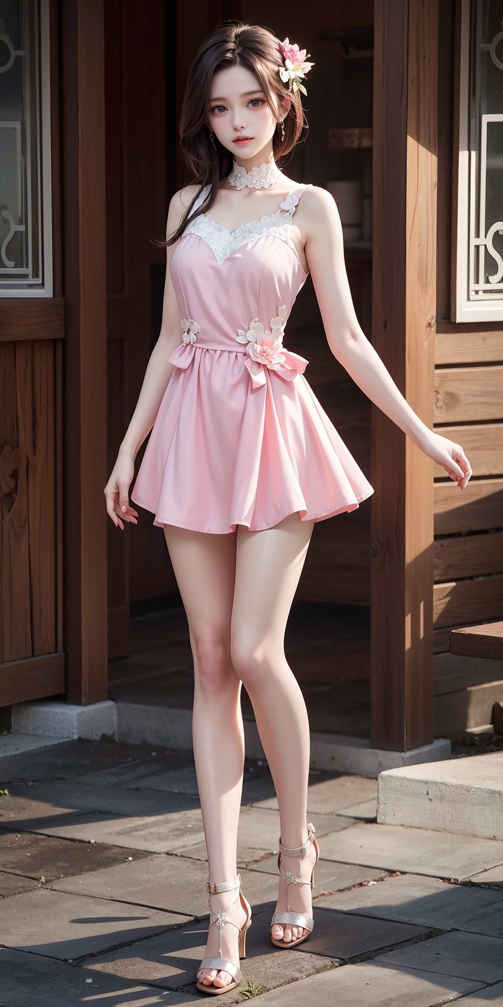 1girl,dress,brown hair,pink dress,solo,high heels,outdoors,sandals,shoes,, (raw photo:1.2),((photorealistic:1.4))best quality,masterpiece,illustration,an extremely delicate and beautiful,extremely detailed,CG,unity,8k wallpaper,Amazing,finely detail,masterpiece,best quality,official art,extremely detailed CG unity 8k wallpaper,absurdres,incredibly absurdres,huge filesize,ultra-detailed,highres,extremely detailed,beautiful detailed girl,cinematic lighting,1girl,pale skin,tall female,(perfect body shape),skinny body,Slender legs,, pale skin,tall man,long legs,thin leg,