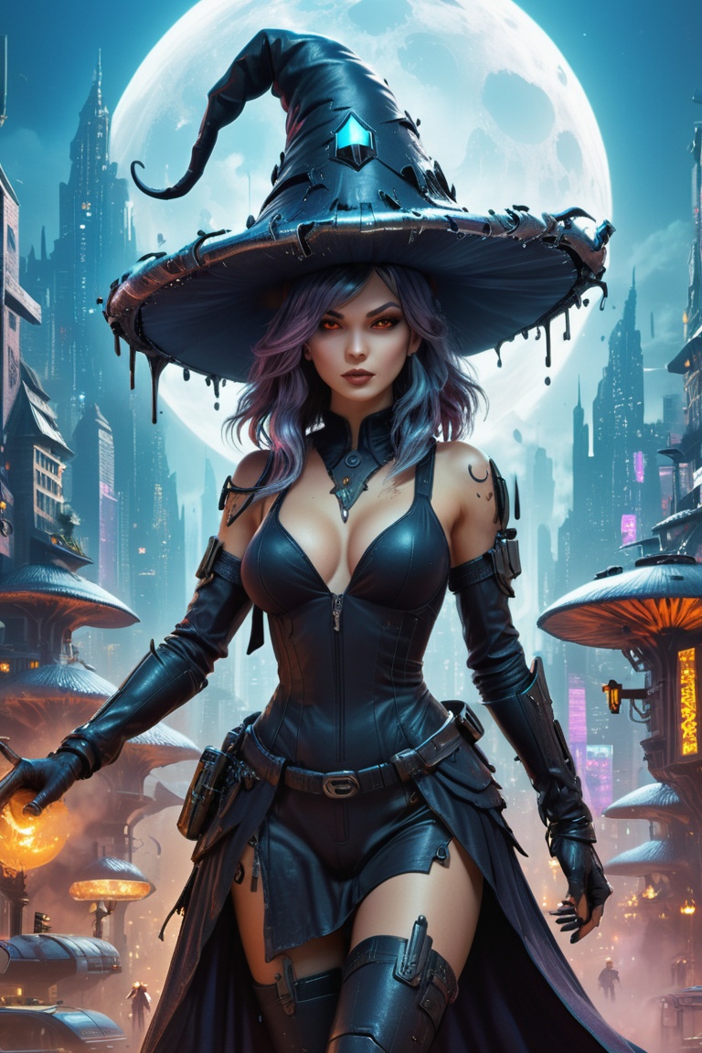 Cyberpunk witch in a futuristic city,  action pose,  action scene on Tensor.Art