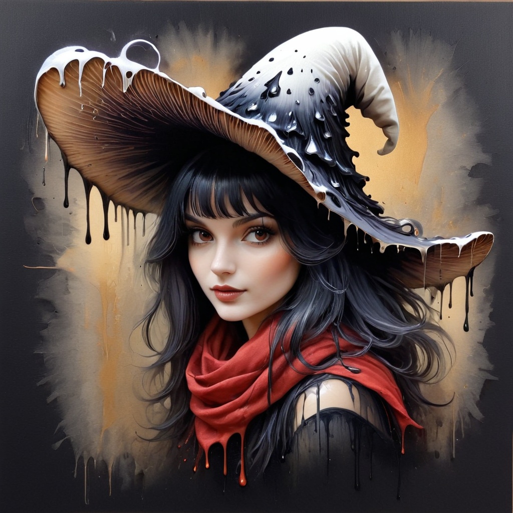 breathtaking portrait of a gorgeous girl,  wearing a drippy (/inkycapwitchyhat/),  red scarf on Tensor.Art