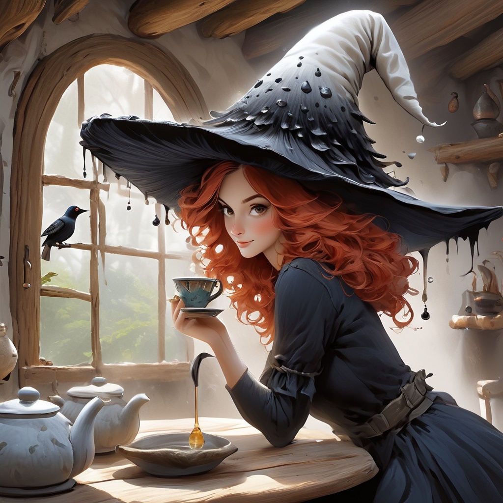 Happy mood,  Redhead inkycapwitch drinking tea,  a small starling bird perched on her hat on Tensor.Art