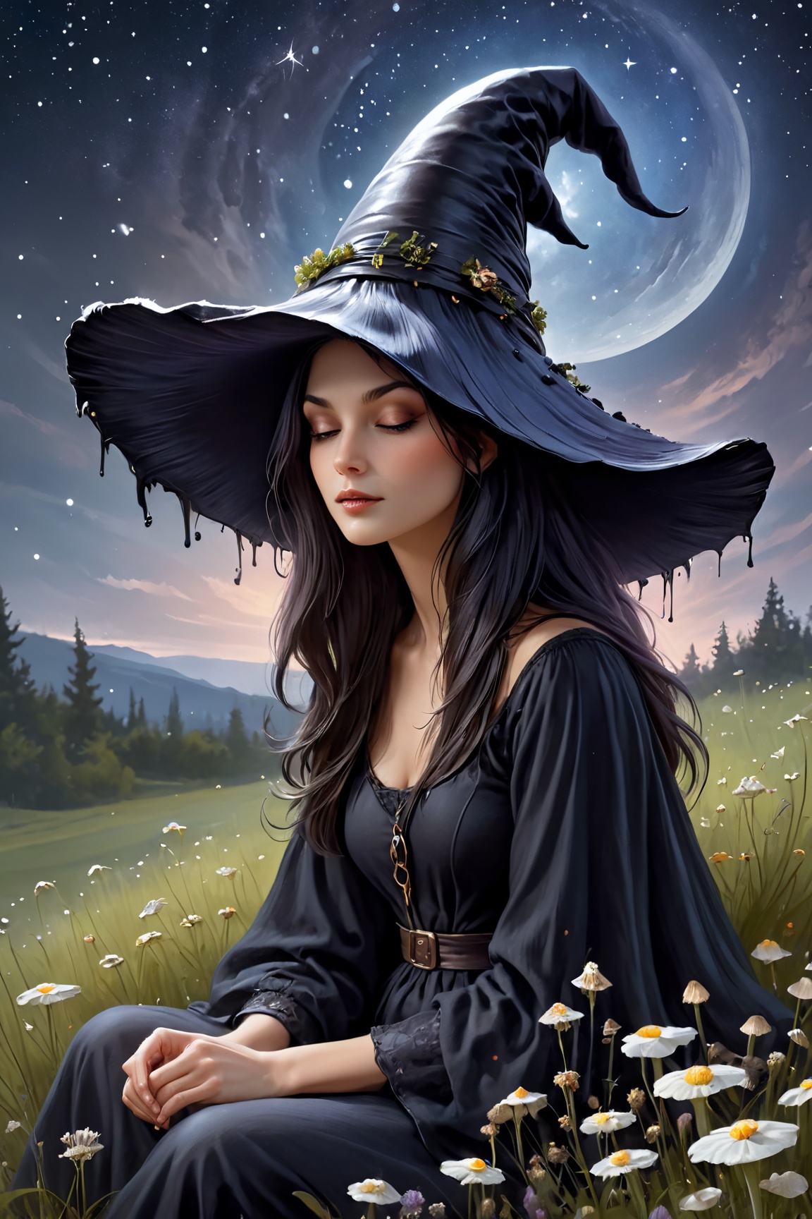 a witch sitting in the grass,  stargazing,  on a grassy hill of nightblooming wildflowers on Tensor.Art