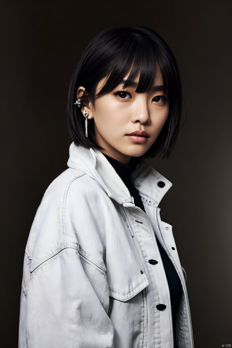 young asian woman, mid-length dark hair, bob haircut, subtle makeup, natural look, pensive expression, side glance, white turtleneck, oversized black jacket, simple silver hoop earring,best quality,masterpiece,