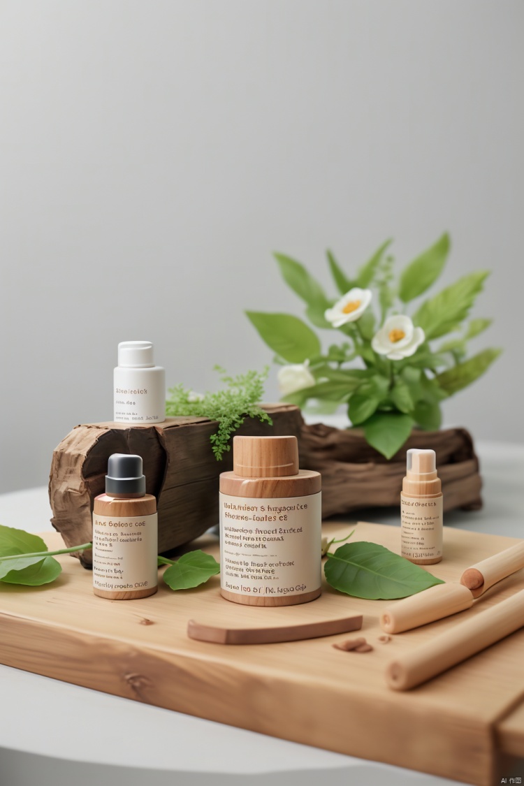 Product photography, Still Life photography, All natural skin care products, nature, wood, flowers, minimalist style, focus on product, natural realistic photography, front view, commercial photography, epic light texture, highest quality, HD 8K
