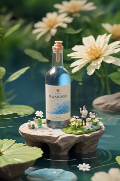 a bottle of mamondi on a pond of water with flowers in the background and a blue sky, Enguerrand Quarton, product photography, a stock photo, massurrealisma toy figurine, perspective macro photography, miniature photography.
, weiguan