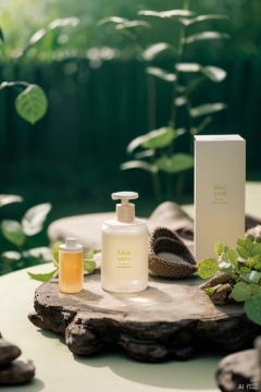 Product Photography, A green cosmetic bottle is placed on a white table highlighting the product, Overall light color palette, Full of intricate details, Realistic, Product perspective, Minimalism, In a soft dreamy atmosphere, Sunlight, New Georgian minimalism, Beige and amber, Tabletop Photography, Layered poses, Minimalist Japanese style