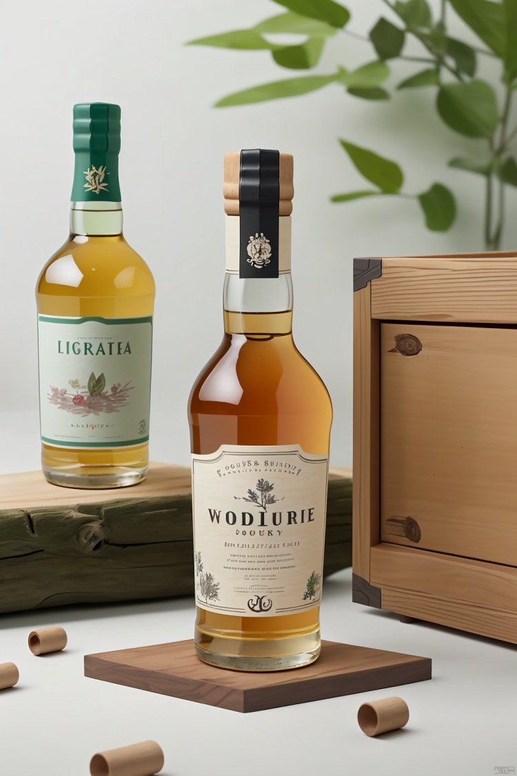 Product photography, liquor products inspired by nature, reminiscent of nature, wood, flowers, minimalist style, focus on products, natural realistic photography, high resolution, fine detail
