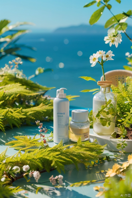 Product Photography, A green cosmetic bottle is placed on a white table highlighting the product, Overall light color palette, Full of intricate details, Realistic, Product perspective, Minimalism, In a soft dreamy atmosphere, Sunlight, New Georgian minimalism, Beige and amber, Tabletop Photography, Layered poses, Minimalist Japanese style