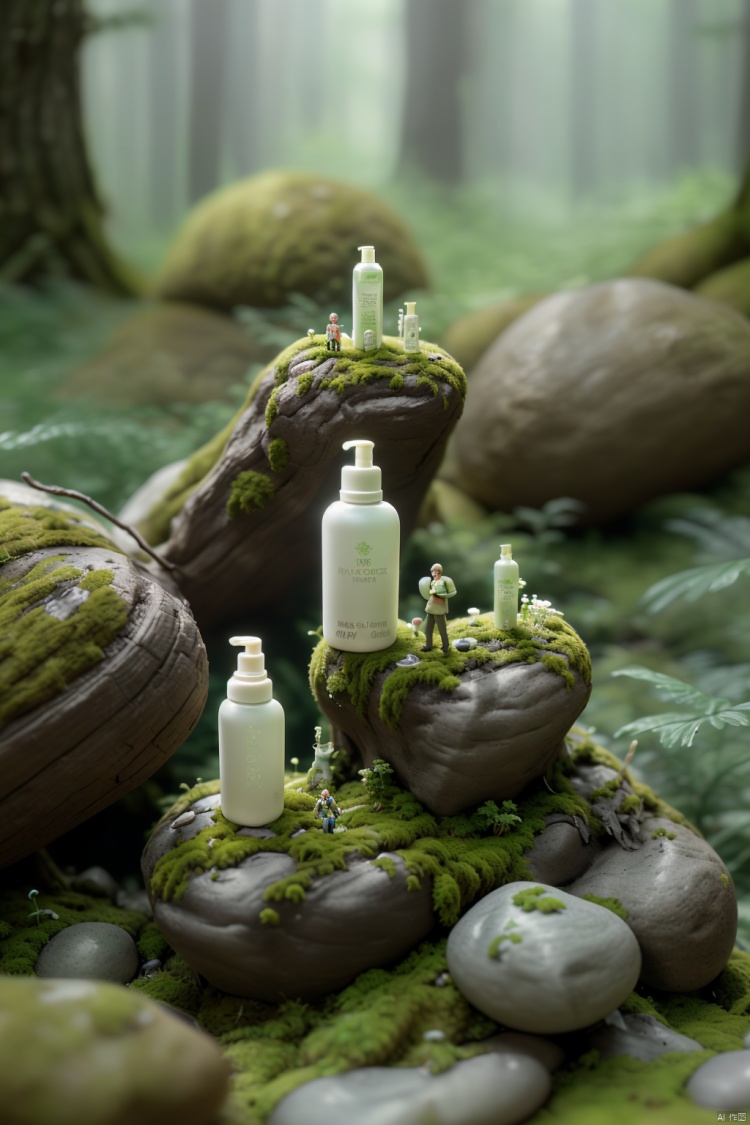 A white cosmetic bottle: 1.3, up to a fine make-up bottle with a little toy man standing on a mossy rock looking at the cosmetic bottle, perspective macro photography, miniature photography, very little moss, perspective in a picturesque forest, award winning rendering, v-ray rendering
