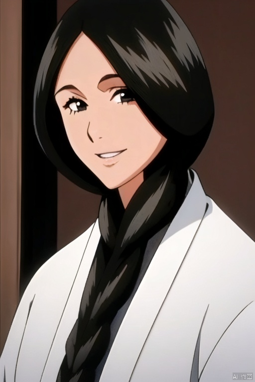  1girl,bangs,black eyes,black hair,brown background,long hair,looking at viewer,smile,solo,teeth,