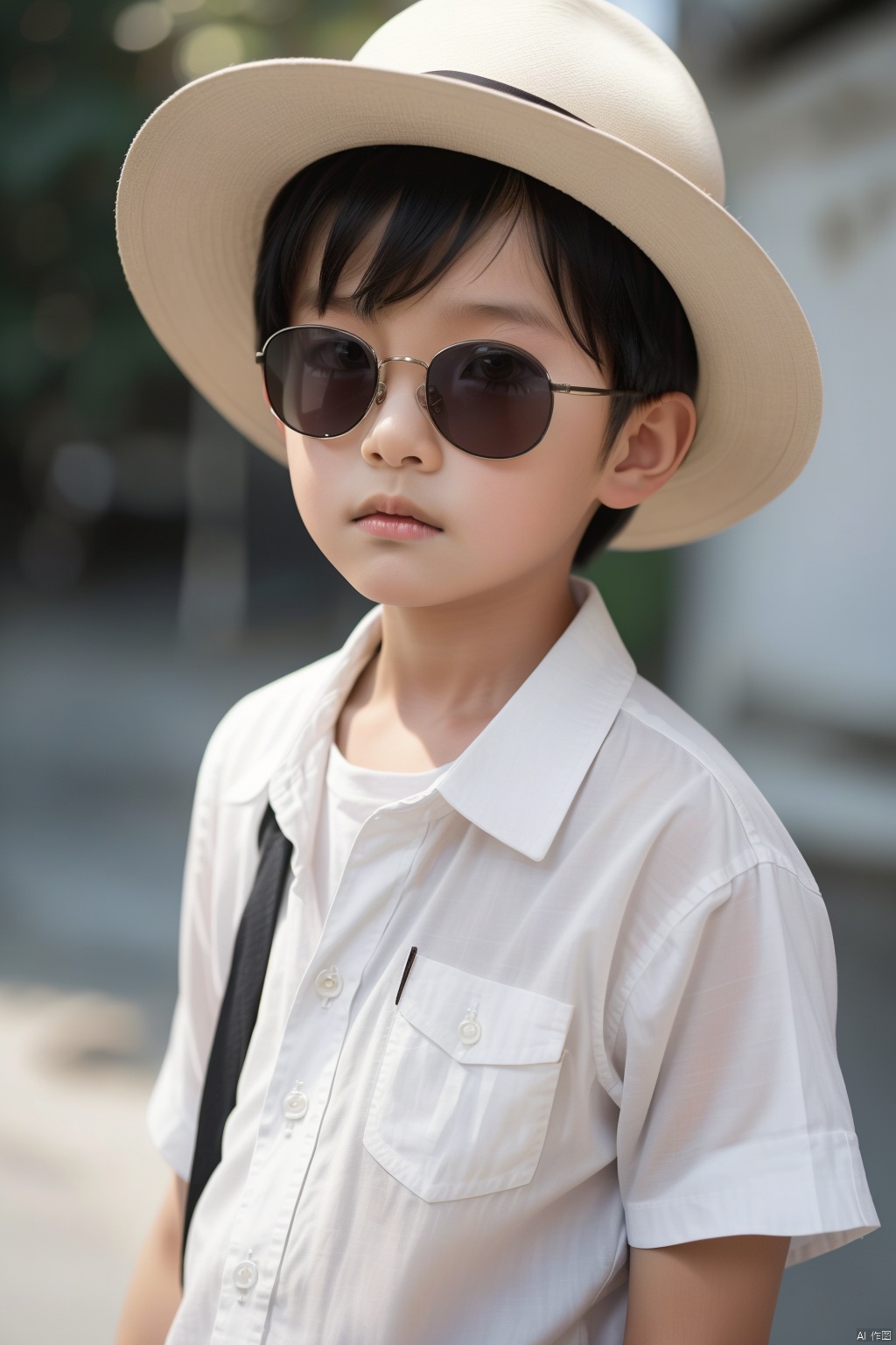 Real, photo, 10-year-old child, single, looking at the audience, shirt, black hair, boy, hat, white shirt, upper body, short sleeves, Male focus, outdoor, daytime, blur, plaid, blur background, sunglasses, Reality, plaid shirt