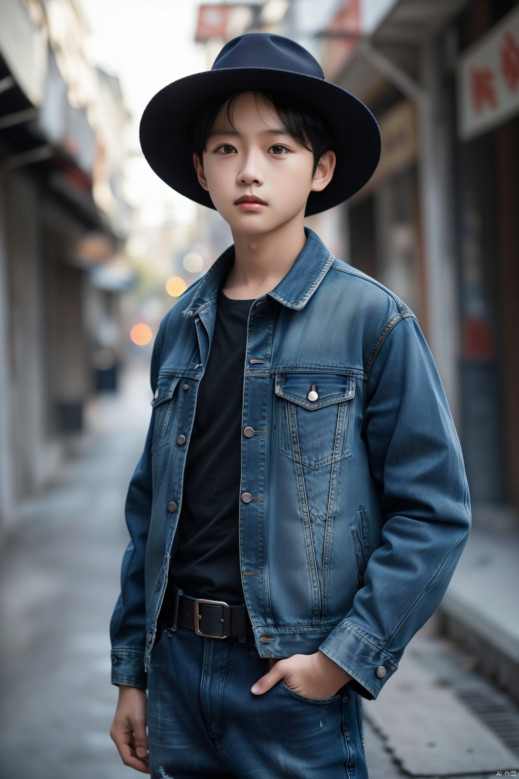 solo, looking at viewer, shirt, black hair, 1boy, hat, jacket, white shirt, upper body, male focus, outdoors, belt, pants, blurry, black eyes, blurry background, denim, blue jacket, jeans, realistic, denim jacket