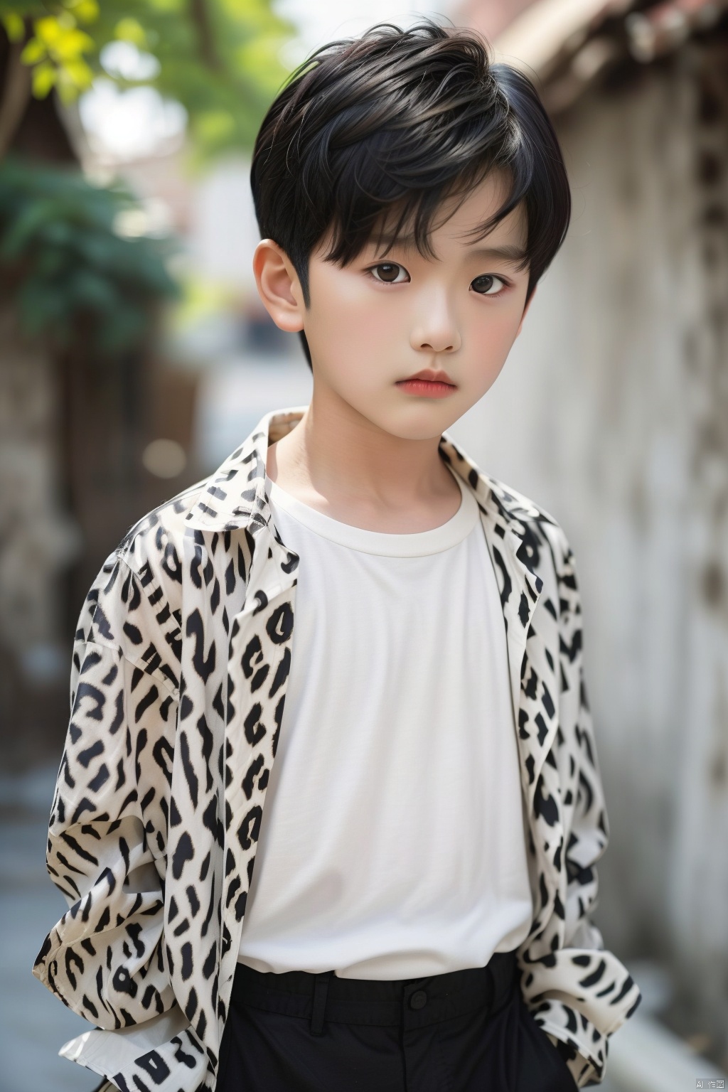 solo, short hair, shirt, black hair, long sleeves, 1boy, white shirt, upper body, male focus, outdoors, day, blurry, black eyes, blurry background, animal print, realistic, print shirt