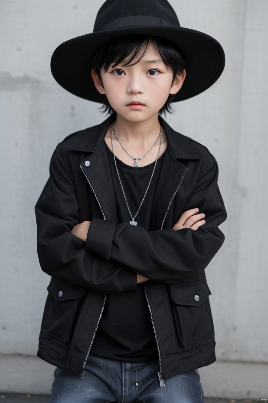 Real,photo,10-year-oldchild, solo, black hair, 1boy, hat, jacket, male focus, necklace, black eyes, crossed arms, realistic