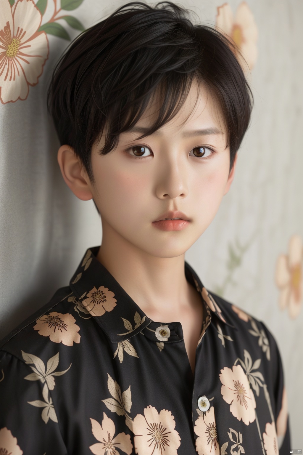1girl, solo, looking at viewer, short hair, shirt, black hair, 1boy, brown eyes, upper body, male focus, lips, floral print, realistic