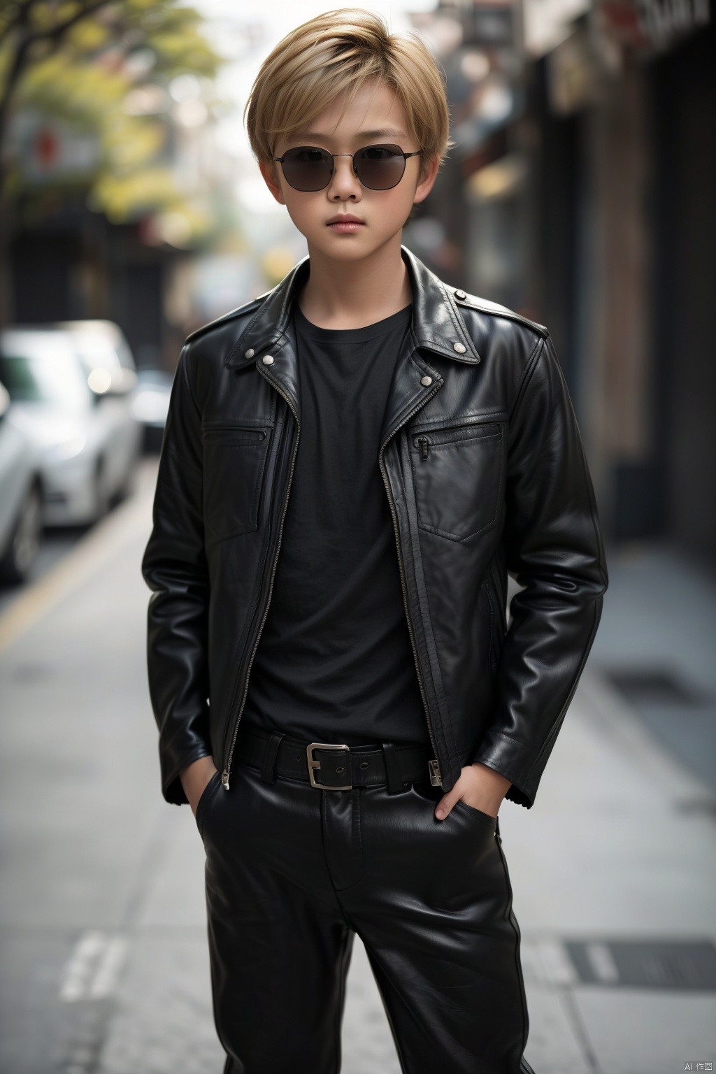 solo, looking at viewer, short hair, blonde hair, shirt, long sleeves, 1boy, closed mouth, standing, jacket, male focus, cowboy shot, outdoors, pants, blurry, open jacket, black jacket, black shirt, depth of field, blurry background, black pants, sunglasses, realistic, hands in pockets, leather, bokeh, leather jacket