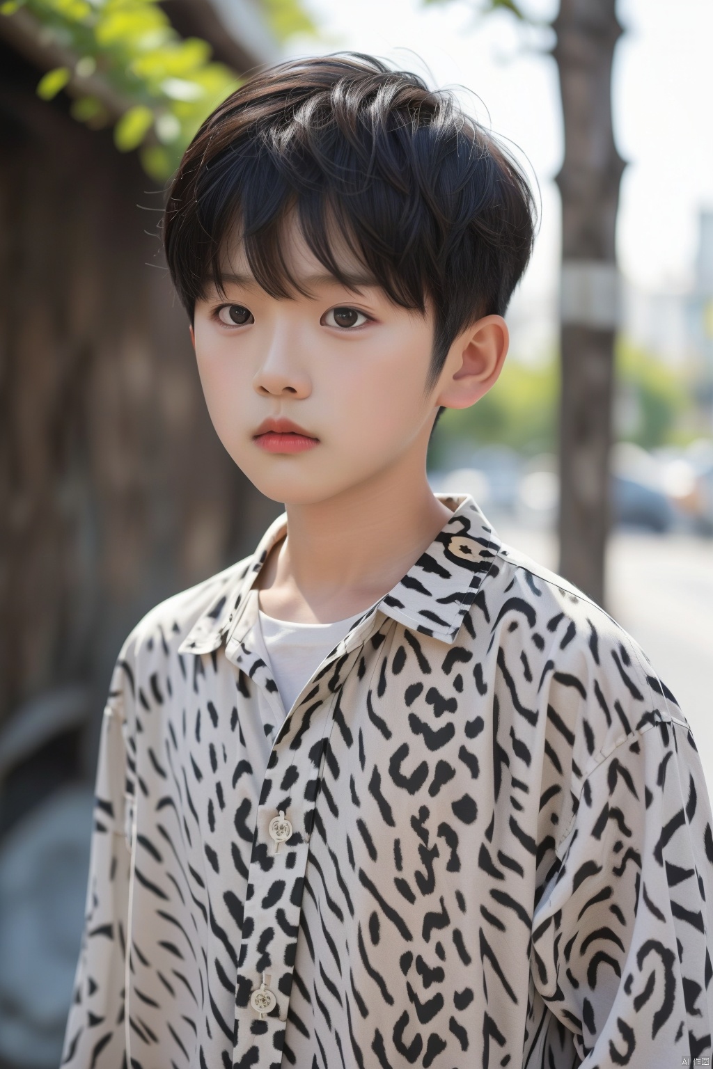  solo, short hair, shirt, black hair, long sleeves, 1boy, white shirt, upper body, male focus, outdoors, day, blurry, black eyes, blurry background, animal print, realistic, print shirt