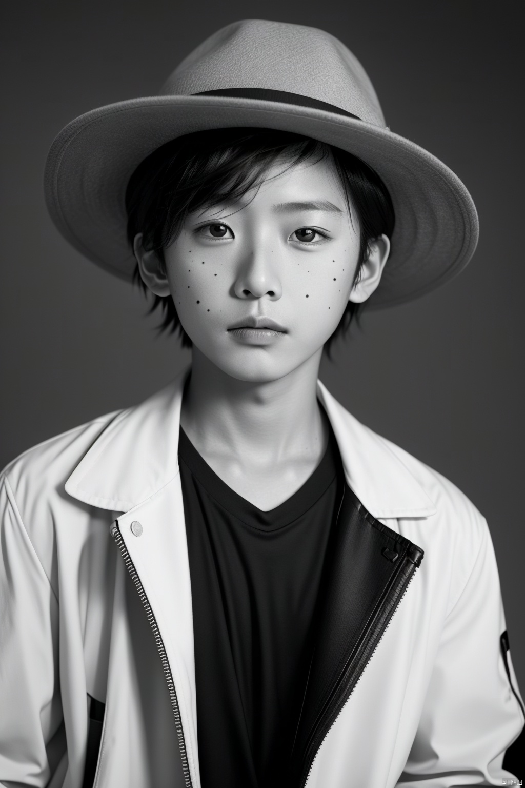 solo, shirt, 1boy, hat, jacket, monochrome, upper body, greyscale, male focus, mole, realistic