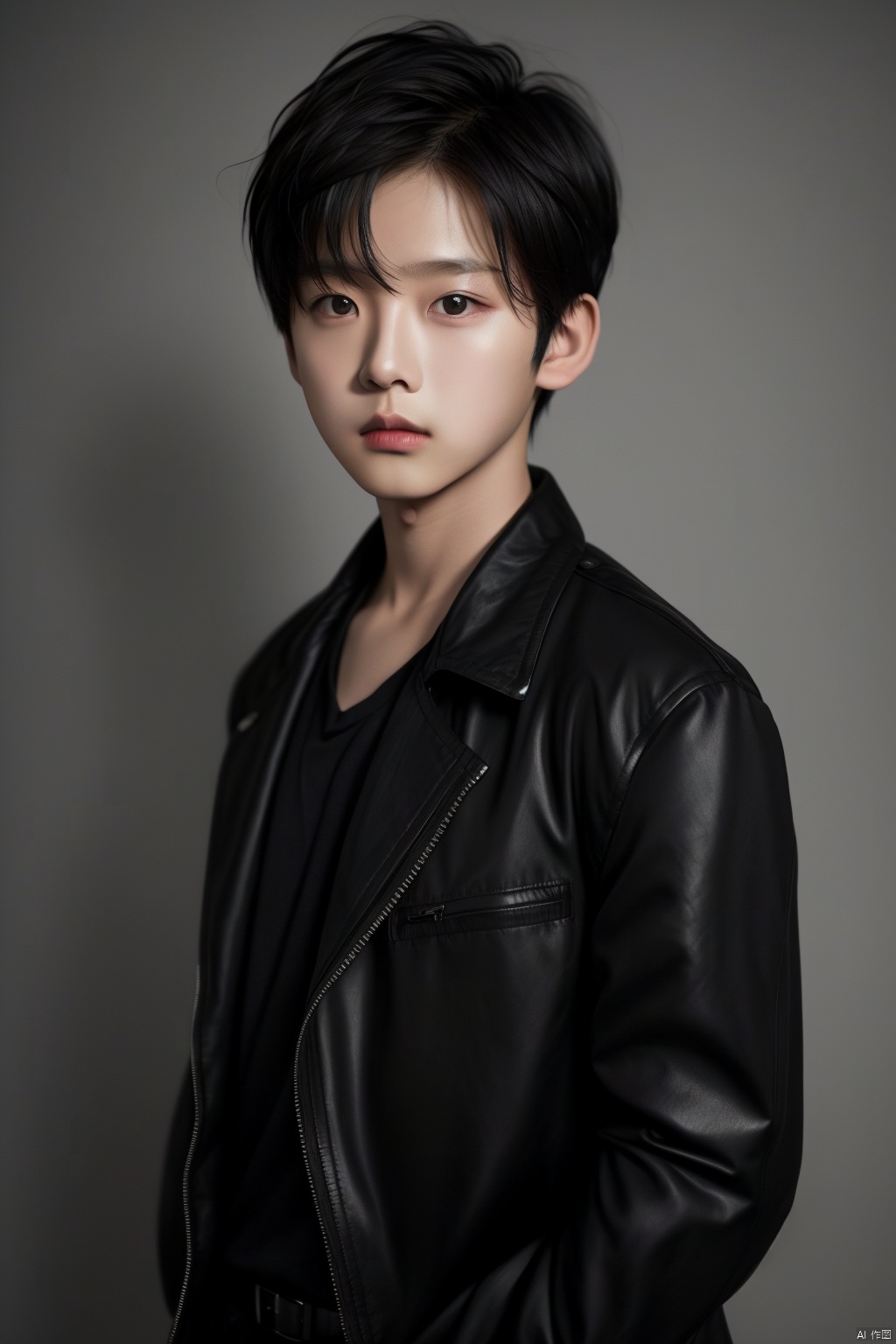 solo, looking at viewer, shirt, black hair, 1boy, jacket, upper body, male focus, blurry, black eyes, lips, black jacket, blurry background, realistic