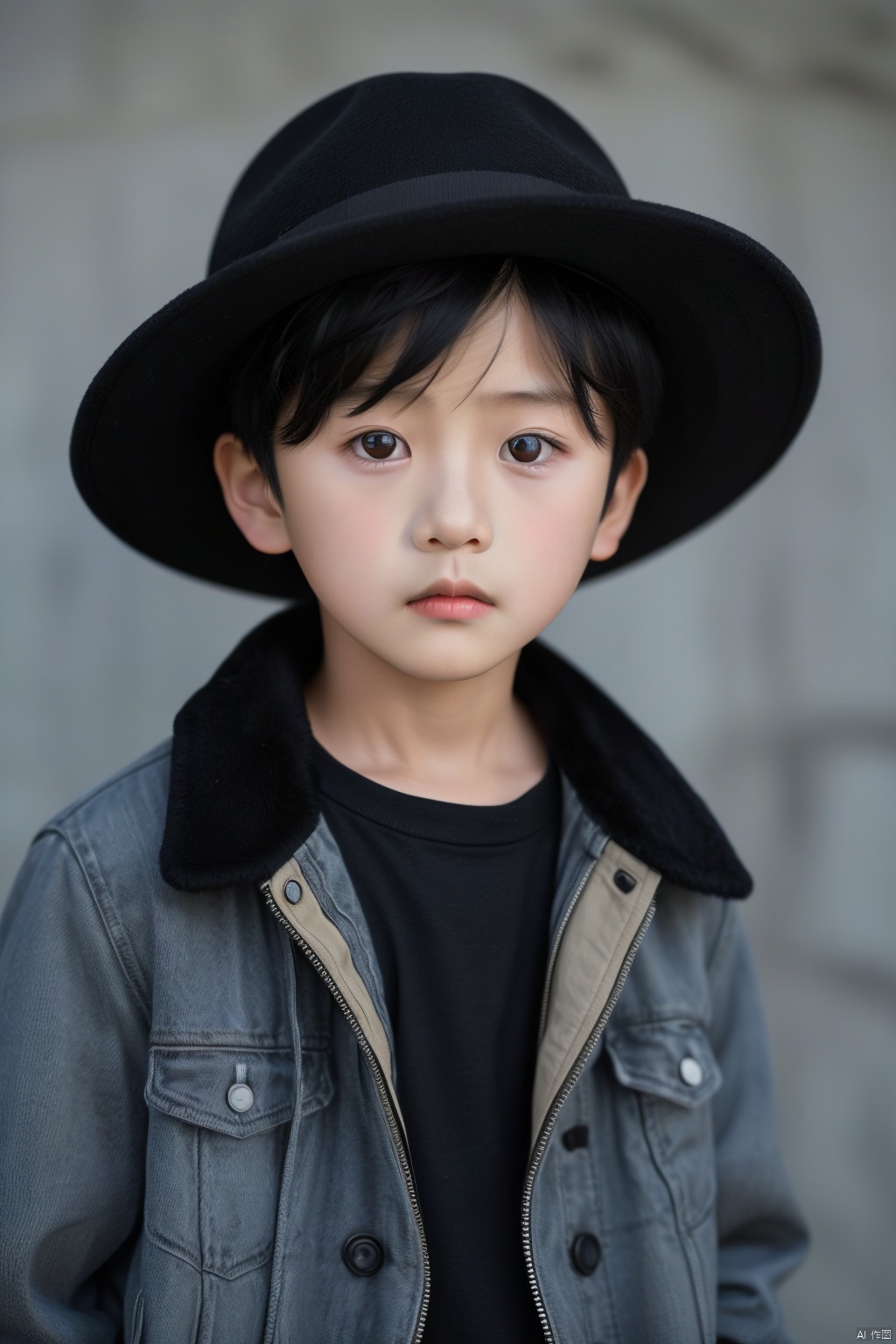 solo, looking at viewer, shirt, black hair, 1boy, hat, jacket, upper body, male focus, black eyes, realistic, male child