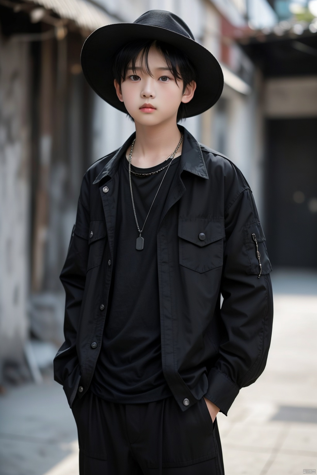 solo, looking at viewer, shirt, black hair, 1boy, hat, jewelry, jacket, male focus, outdoors, pants, necklace, blurry, black eyes, black shirt, blurry background, chain, building, realistic, hands in pockets, camouflage