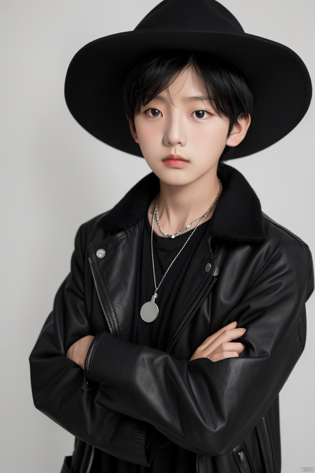 solo, black hair, 1boy, hat, jacket, male focus, necklace, black eyes, crossed arms, realistic
