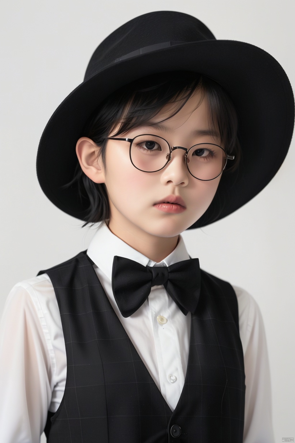 1girl, solo, looking at viewer, short hair, shirt, black hair, hat, bow, white shirt, upper body, glasses, collared shirt, bowtie, vest, lips, plaid, black headwear, black bow, black-framed eyewear, black vest, black bowtie, realistic