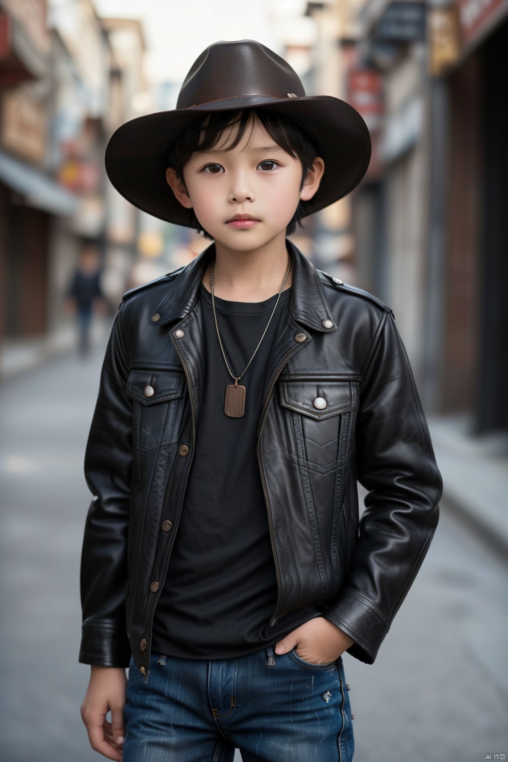 Real,photo,10-year-oldchild, 1boy, solo, looking at viewer, short hair, brown hair, shirt, black hair, hat, jewelry, jacket, upper body, outdoors, necklace, blurry, black eyes, lips, black jacket, blurry background, denim, realistic, leather, cowboy hat, leather jacket, denim jacket