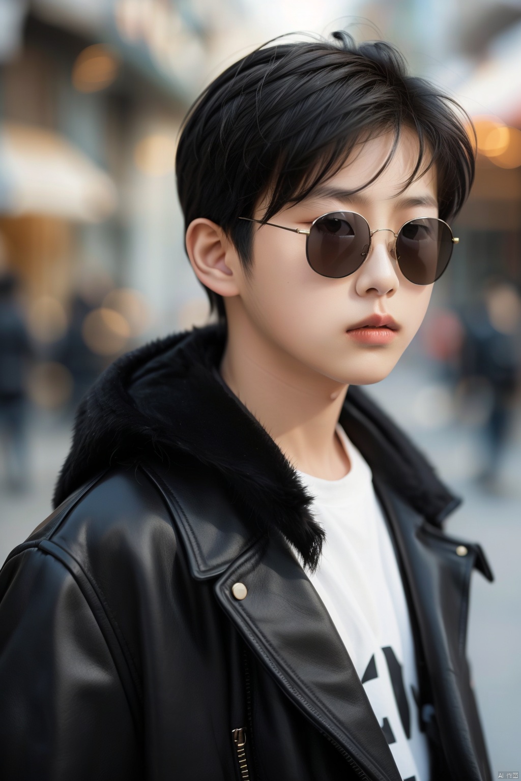 solo, looking at viewer, black hair, 1boy, upper body, male focus, blurry, lips, coat, blurry background, sunglasses, realistic